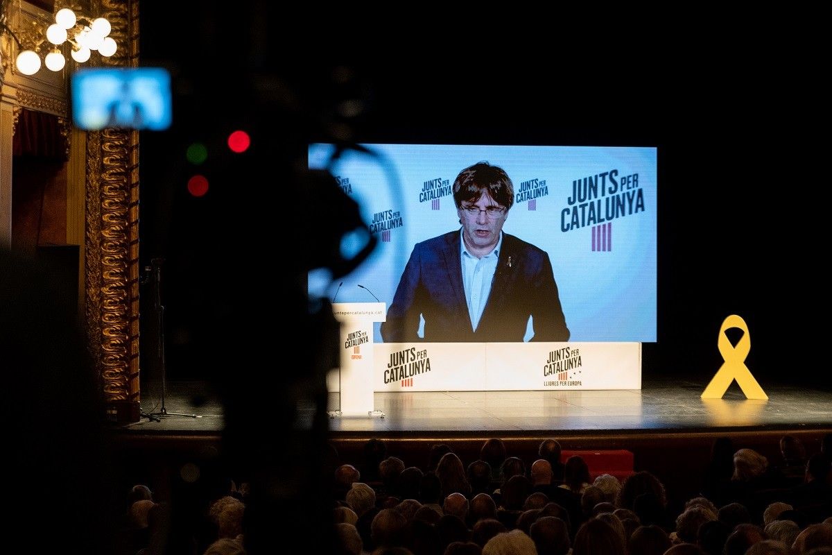 Carles Puigdemont, en un acte de campanya de JxCat.