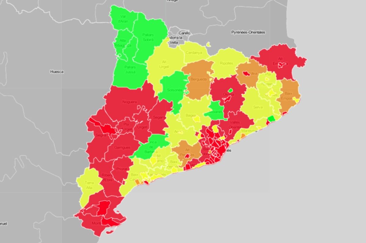 Mapa comarcal i de ciutats, en funció del risc de rebrot de coronavirus
