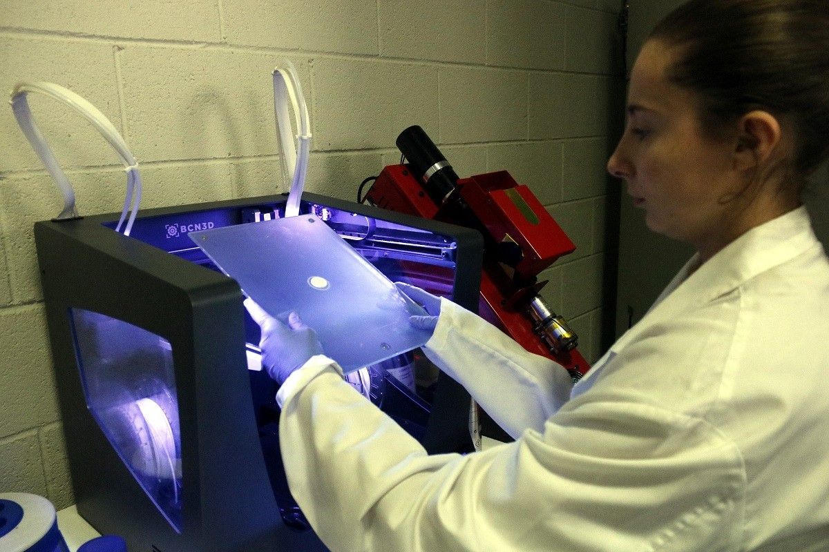 Una de les matrius que permeten aïllar les cèl·lules mare del càncer de mama, sortint d'una impressora 3D.