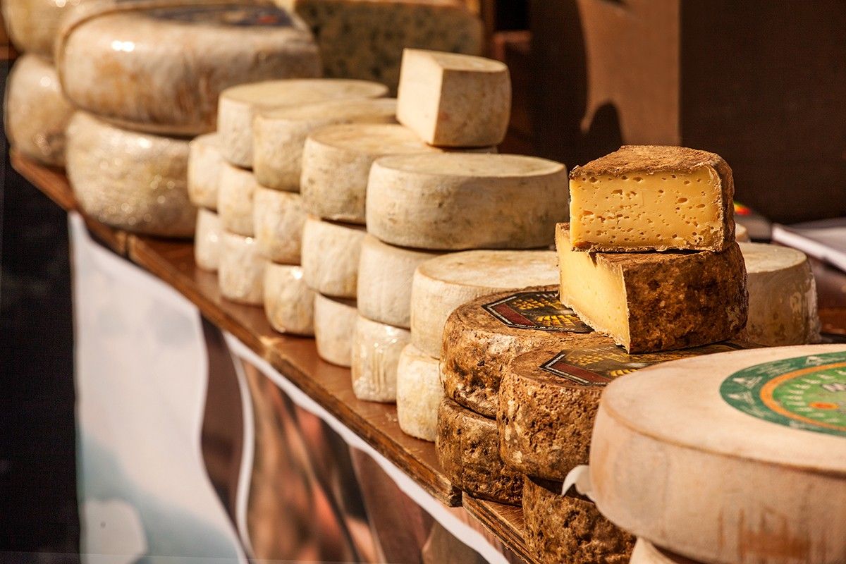 Una selecció de formatges en una fira