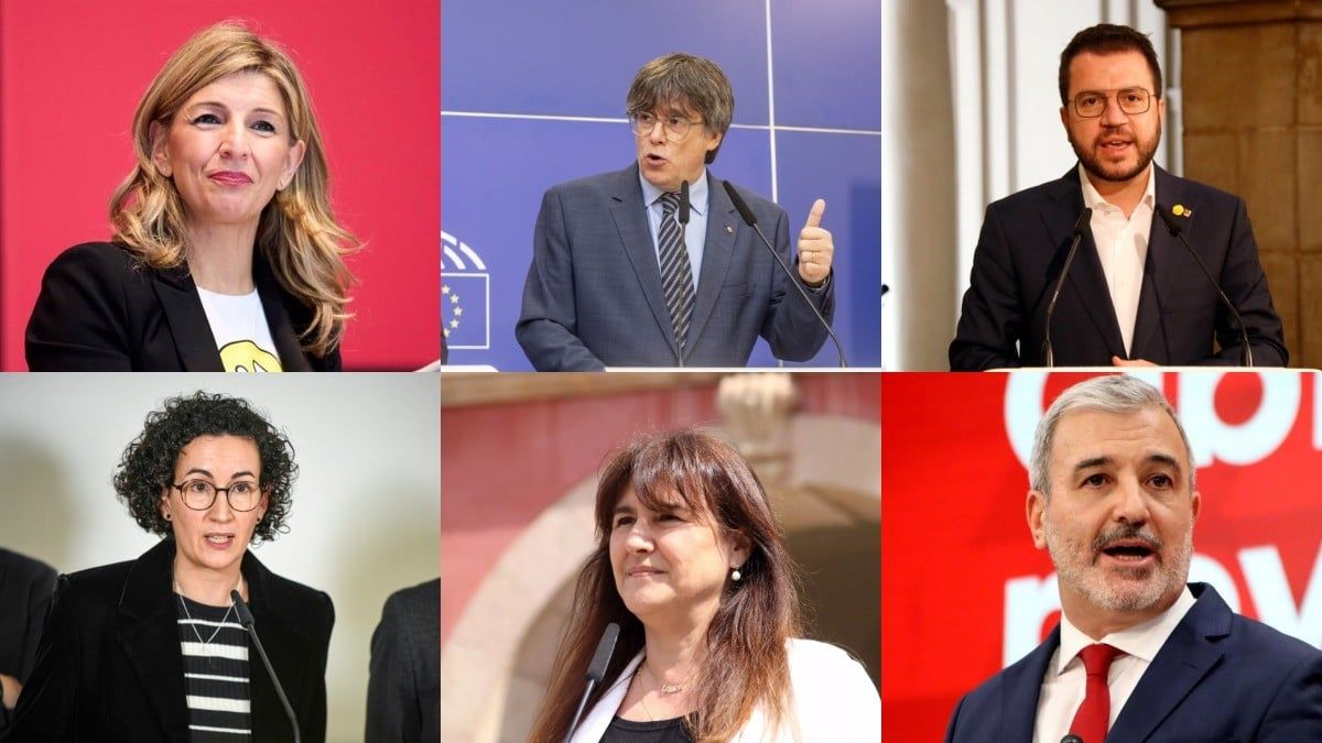 Díaz, Puigdemont, Aragonès, Rovira, Borràs i Collboni, en imatges d'arxiu.