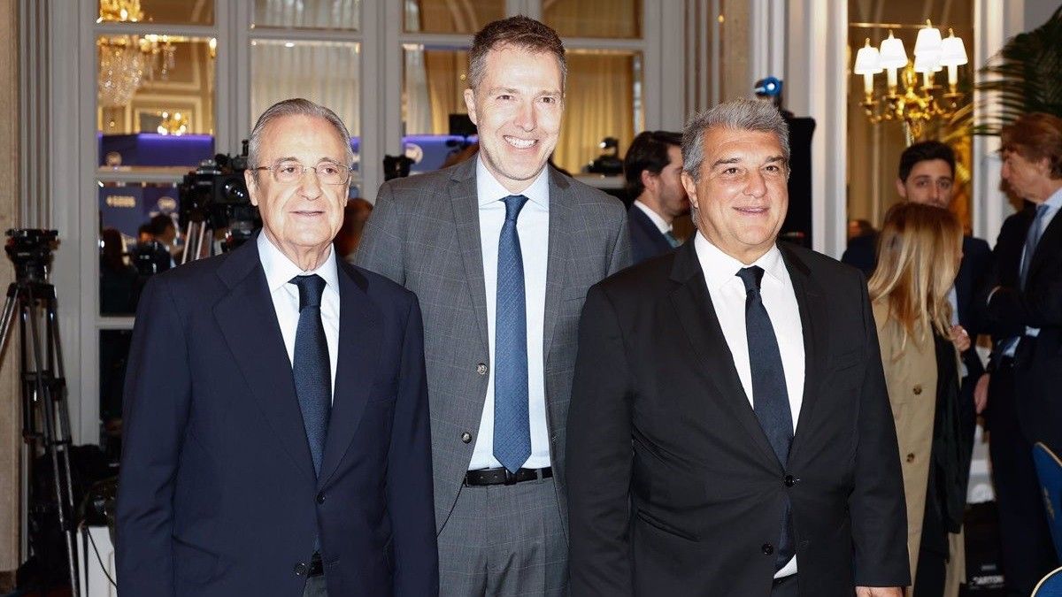 Florentino Pérez i Joan Laporta, amb Bernd Reichart, CEO de la Superlliga