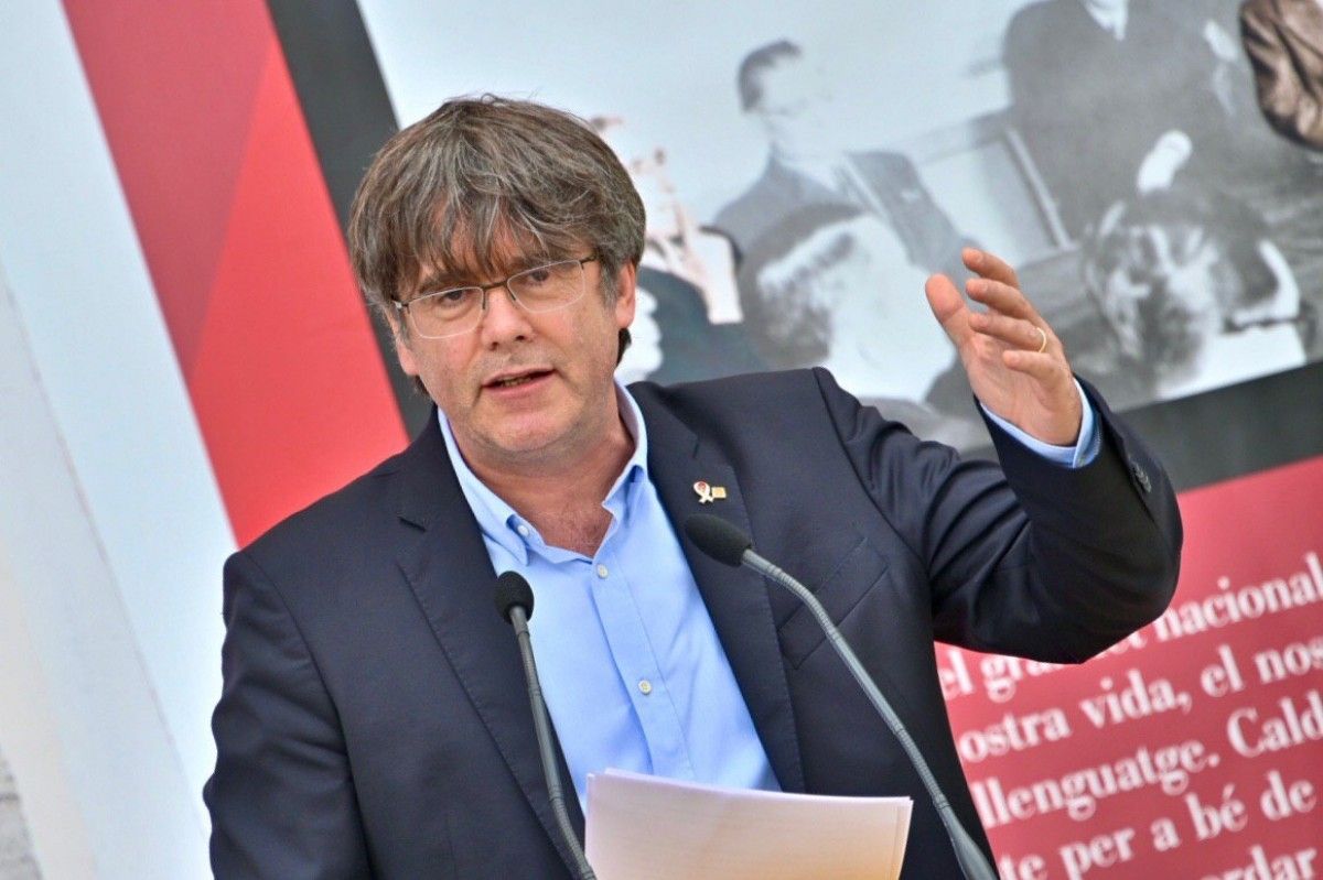 Puigdemont durant una conferència a Prada, a la Catalunya Nord