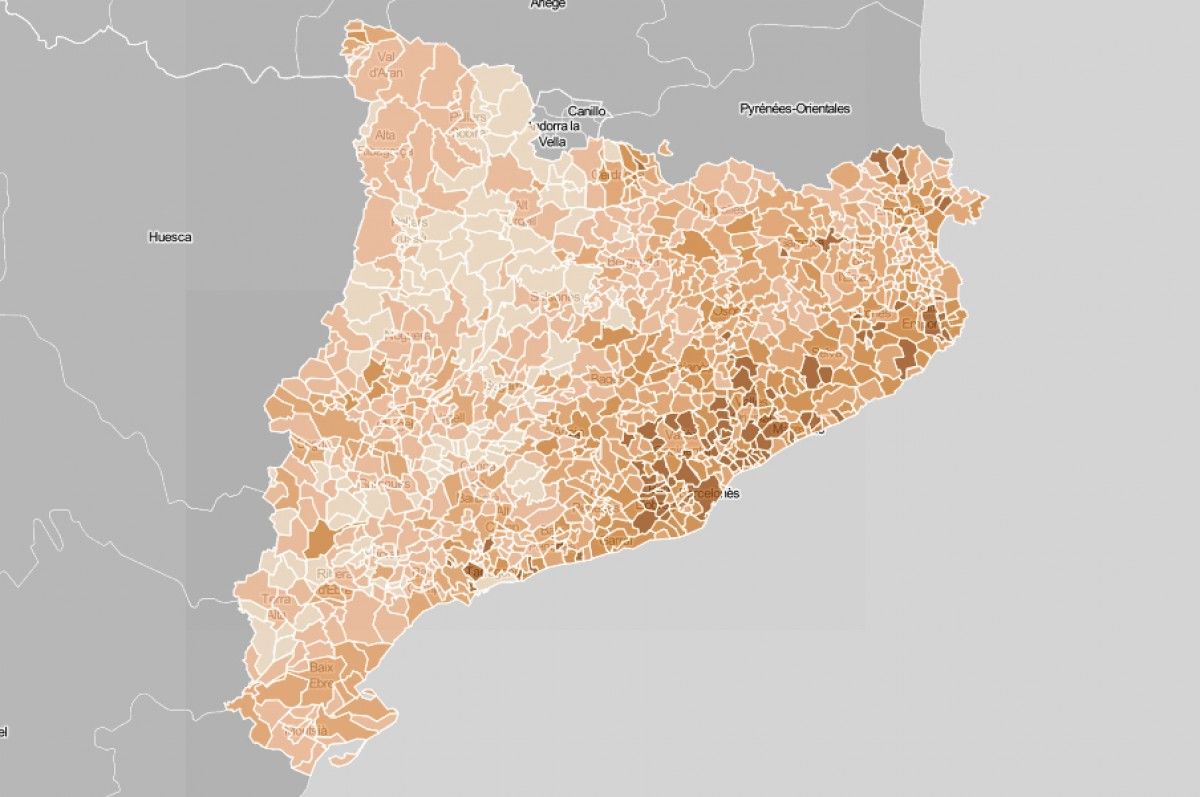 Mapa de Catalunya, en funció del cost mitjà de l'IBI