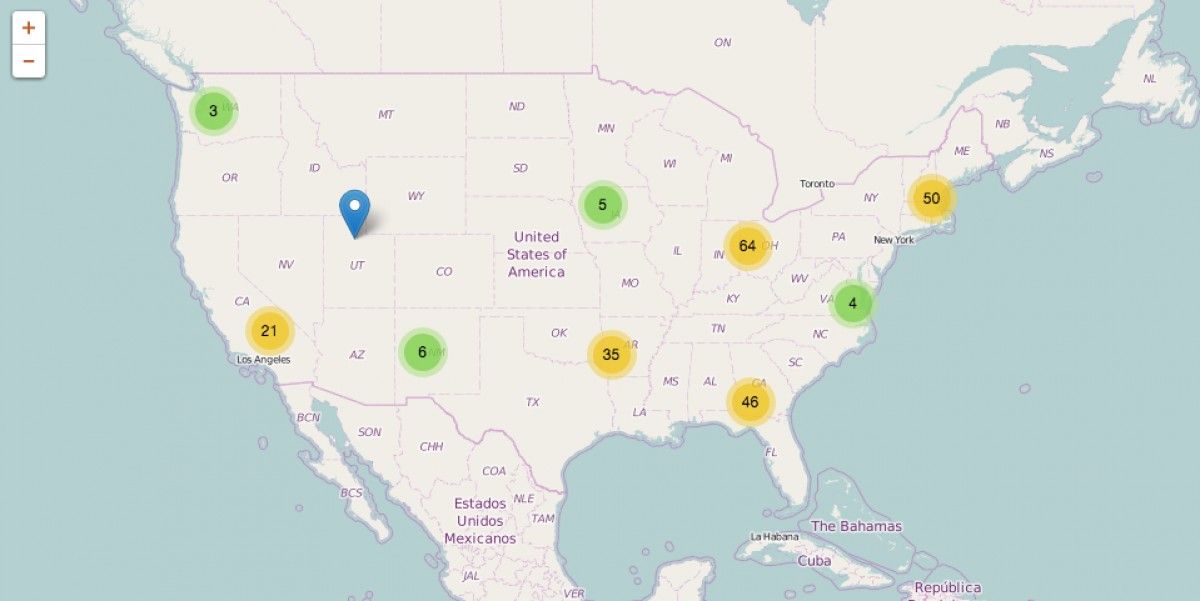 Mapa del nombre d'incidents amb arma de foc que s'han produït als Estats Units en les últimes 72 hores