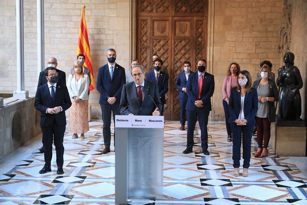 El president Torra, amb tots els consellers del Govern, durant el seu comiat després de ser inhabilitat
