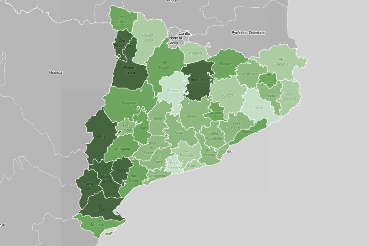Mapa comarcal, en funció del nivell de població vacunada.