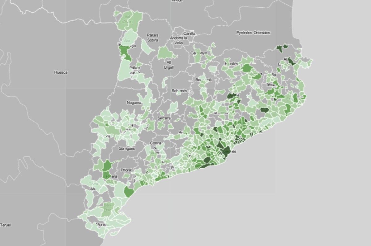 Mapa municipal de Catalunya, en funció de la renda mitjana.