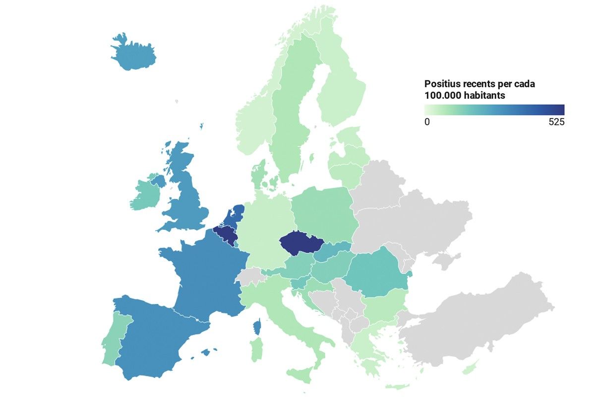 Mapa d'Europa, en funció de la incidència recent del coronavirus.