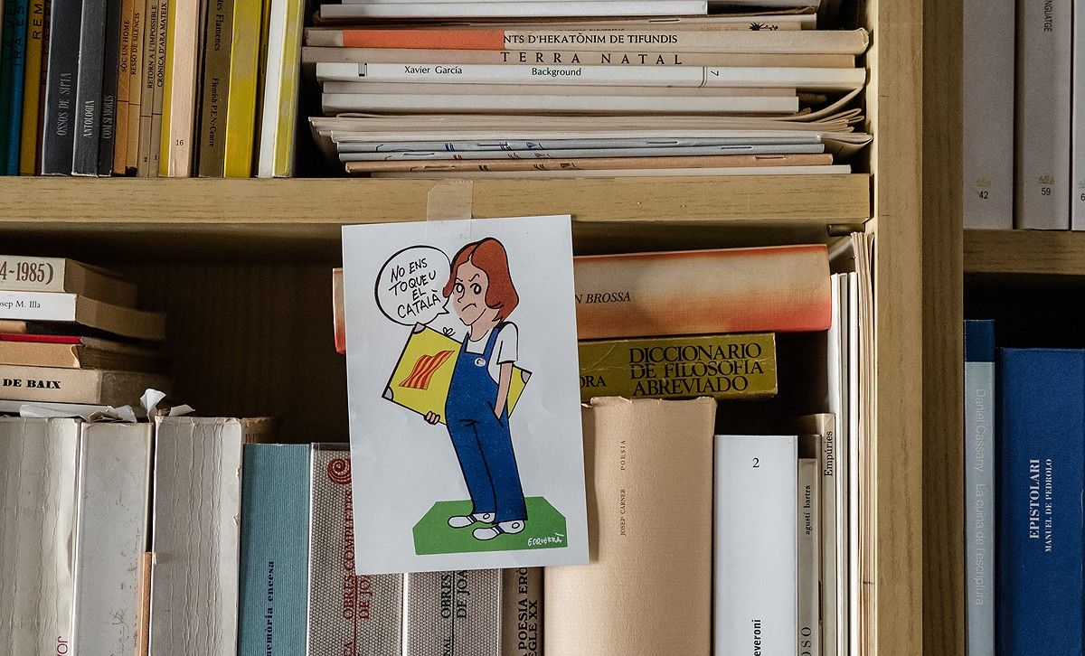 Un dibuix de la Norma enganxat al prestatge d'una biblioteca