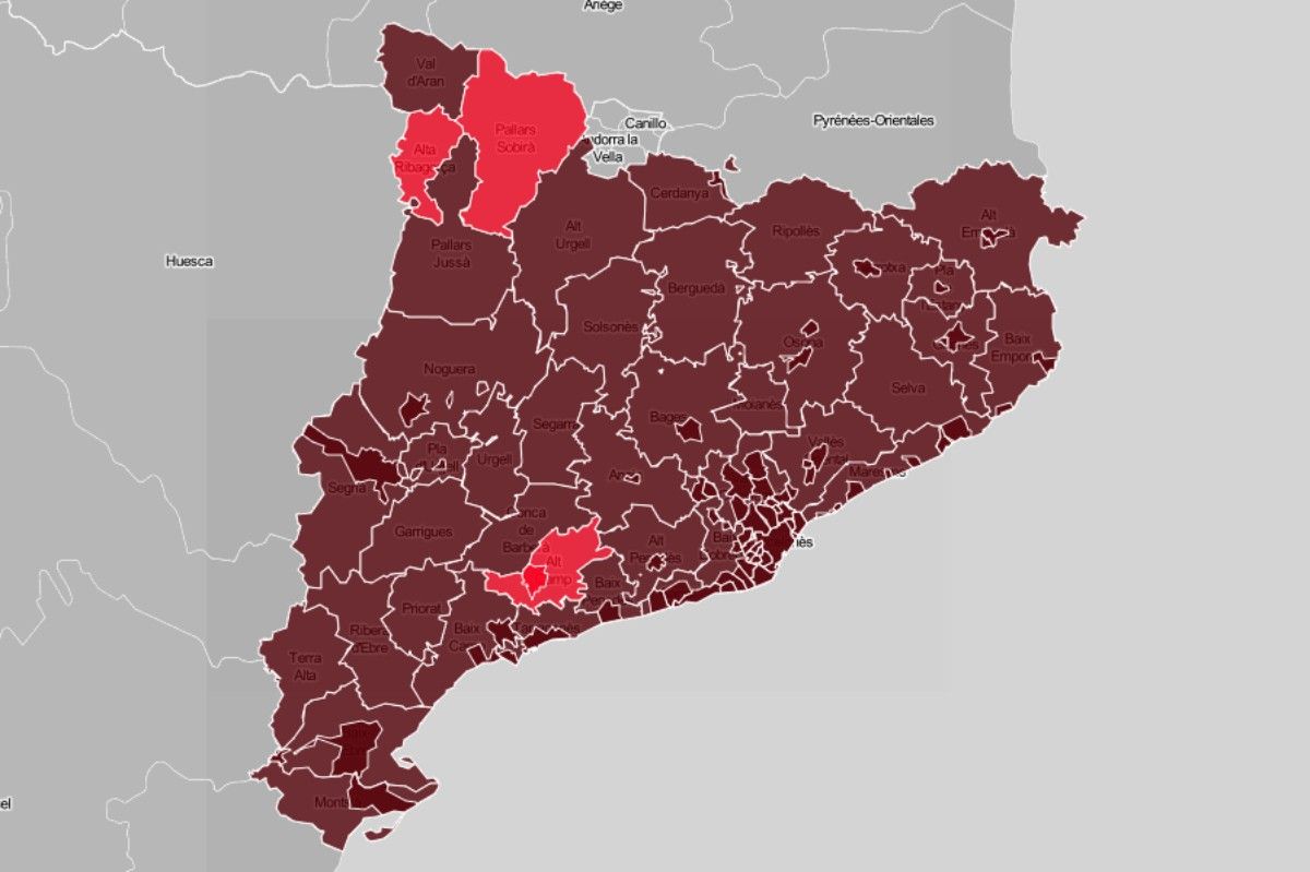 Mapa de municipis i comarques, en funció del risc de rebrot.