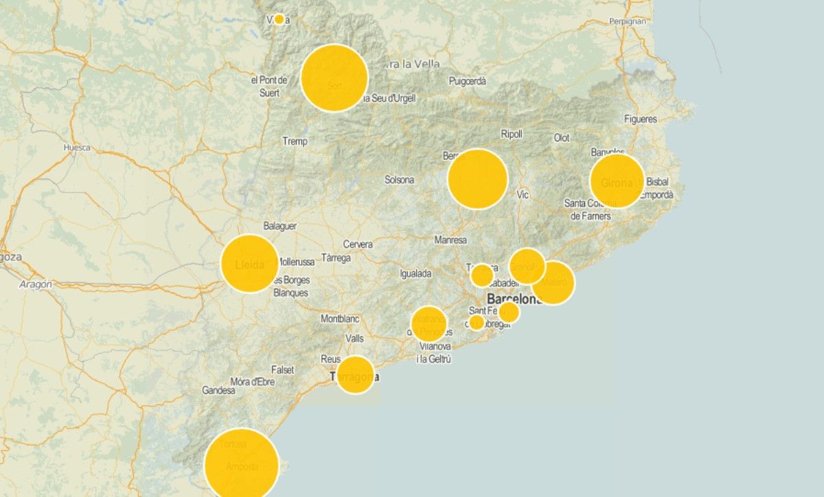 Mapa amb boles en funció del pes del català com a llengua habitual.