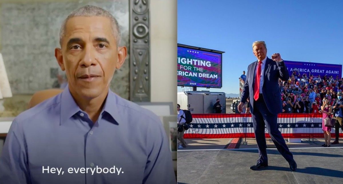 Imatges d'un vídeo demòcrata amb Obama i un míting de Trump