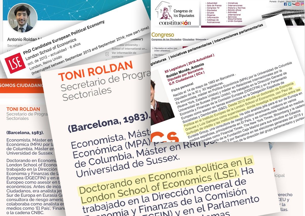 Els currículums d'Antonio Roldán a Linkedin, la web de Ciutadans i la web del Congrés