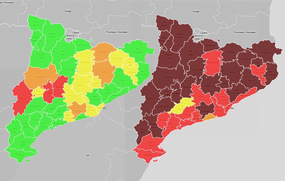 Mapes comarcals del risc de rebrot, a l'inici de la primera desescalada i ara.