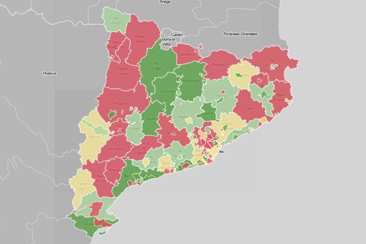 Mapa de municipis i comarques, en funció de la velocitat de propagació.
